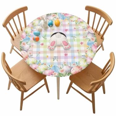Imagem de Toalha de mesa redonda de Páscoa, com cauda de coelho, ovos de Páscoa, floral, floral, xadrez, elástica, impermeável, à prova de óleo, serve para mesas redondas de 91 a 112 cm para festa de Páscoa