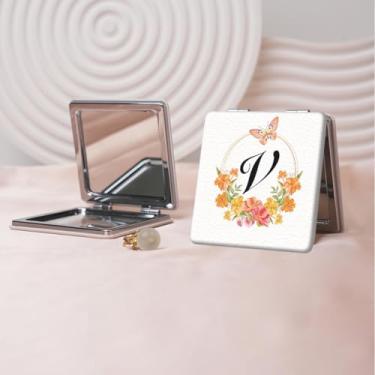 Imagem de Espelho de maquiagem portátil Flower Alphabet Series, mini espelho portátil dobrável, espelho de contorno quadrado portátil de dupla face, adequado para todos em qualquer ocasião