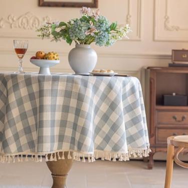 Imagem de Alsoo Toalha de mesa xadrez redonda xadrez xadrez linho de algodão com borla, capa de mesa lavável para decoração de aniversário ao ar livre na primavera, piquenique (152 cm, 2 a 4 assentos, azul)