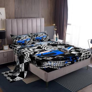 Imagem de Jogo de lençol casal de carro de corrida azul, 4 peças, jogos de esportes radicais Velozes e Furiosos, para crianças, meninos e adolescentes, com 1 lençol de cima e 1 lençol com elástico com 2 fronhas