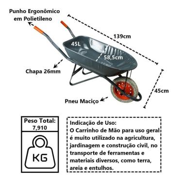 Imagem de Carrinho De Mão Em Aço Carbono Pneu Maciço Chapa 26mm 45l