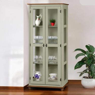 Imagem de Cristaleira Rústica De Madeira 3 Prateleiras Pés Torneados - Verde Chá Com Tampo E Base Imbuia Glazer