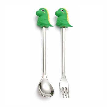 Imagem de Kit Talheres de Aço Inox Colher Garfo de Dinossauro com Estojo