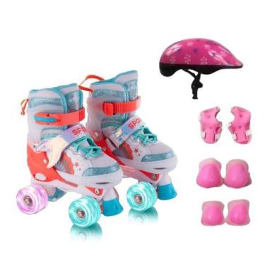 Imagem de Patins Roller Infantil Sport 4 Rodas Sereia Led c/ Kit Proteção, Laran
