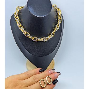 Imagem de Kit Conjunto Choker e Brincos Corrente Grossa Dois Elos banhos Dourado e Prata Folheado Ouro Par de Brinco Atialérgico