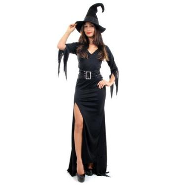 Imagem de Fantasia Vestido Longo Bruxa Sombria Adulta com Chapéu - Halloween - S