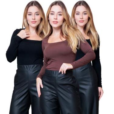 Imagem de Kit 3 Blusas Feminina Decote Quadrado Manga Longa - Maranne, Kit32, M