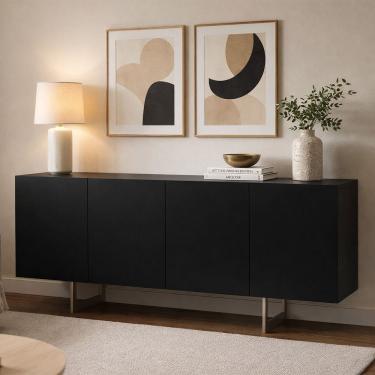 Imagem de Aparador Buffet Para Sala de Jantar 4 Portas 160cm Pés Industrial Benita N01 Preto Cham...