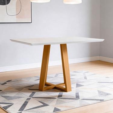 Imagem de Mesa de Jantar 4 Lugares Retangular 135cm Tampo MDF Com Vidro Elian N01 Ypê Off White -...