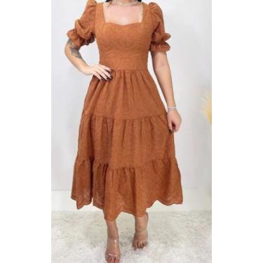 Imagem de Vestido Midi Bordado Manga Bufante Curta - BelModas
