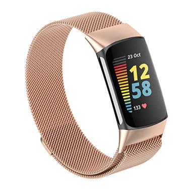 Imagem de Pulseiras de malha magnética compatíveis apenas com Fitbit Charge 5, sem design de fivela, pulseiras de aço inoxidável ajustáveis de metal para monitor de atividades Charge 5, mulheres e homens, ouro rosa