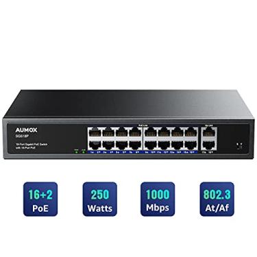 Imagem de Interruptor Aumox 18 portas Gigabit rede não gerenciado, 16 portas POE com 2 portas Gigabit Uplink, energia integrada de 250 W, estrutura de metal e montagem em rack de 18 polegadas, otimização de tráfego, Plug and Play (SG518P)