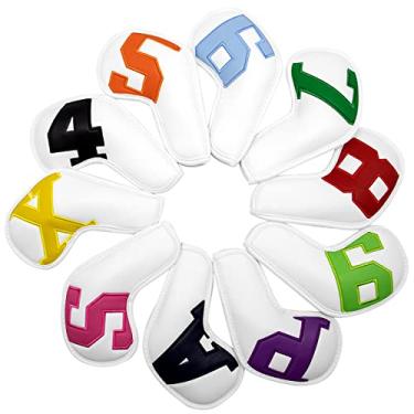 Imagem de barudan golf Conjunto de capas de cabeça Iron Club para Callaway Ping S5 – número grande colorido – pescoço longo – couro PU preto serve para tacos de golfe tamanho pequeno padrão, pacote com 10 peças (branco + número de cor)