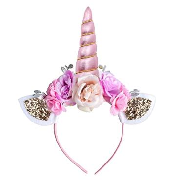Imagem de Faixa de cabeça de unicórnio, tiara de chifre de glitter rosa AHIER faixa de cabeça de gato acessório de cabeça de flores para artigos de festa de unicórnio