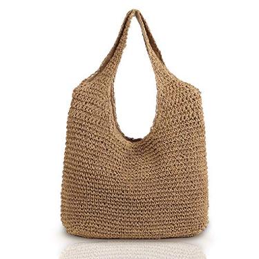 Imagem de QTKJ Bolsa de ombro de palha grande macia feita à mão com alça de palha boho retrô bolsa de praia de verão bolsa de mão de vime, Caqui, 15.3''x 24.4''