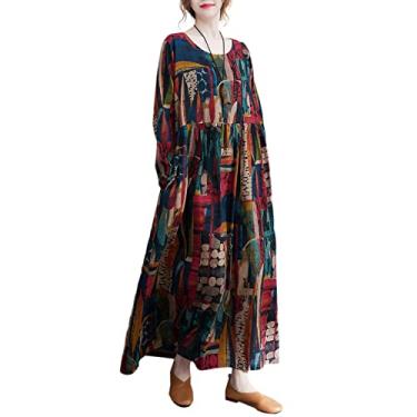 Imagem de Moniss Vestido feminino solto com estampa de bolsos manga longa e gola O