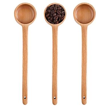 Imagem de UPTALY Conjunto de 3 colheres de medição de madeira de 27 cm (60 ml/por), colheres de café com alça longa, colher de chá medidora de cabo estendido, colher de grãos de café, colher de madeira de faia para frascos profundos