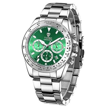 Imagem de Relógio masculino de quartzo, aço inoxidável, cronógrafo, impermeável, relógio de pulso elegante para negócios, Prata e verde