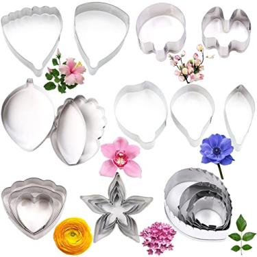 Imagem de 21 peças de pasta de goma de aço inoxidável conjunto de cortadores de flores fondant cortador de biscoito flores artesanato açúcar folhas de pétala ferramenta de fabricação para casamento, decoração de bolo de aniversário
