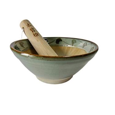 Imagem de Mino Ware Feito no Japão Almofariz e Pilão (Suribachi e Surikogi) Conjunto de Cerâmica Autêntica Pequena 15 cm Azul-Pálido Verde com Padrão Arabesco M882-50