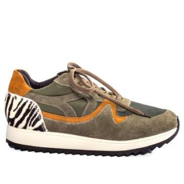 Imagem de Tênis Feminino Abelle Shoes Em Couro Camurça Verde Militar e Animal Print Lari Tamanho:39;Cor:Verde