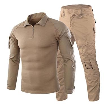 Imagem de Conjunto masculino de camiseta e calça de combate tático camuflado airsoft uniforme militar roupas de caça, bege, XGG