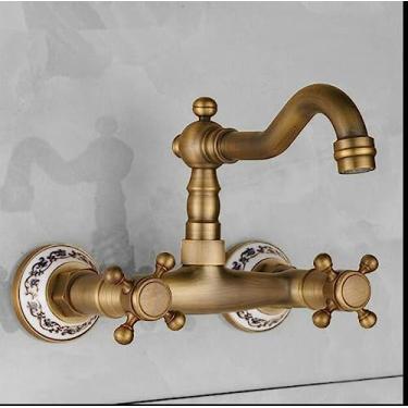 Imagem de Torneira misturadora para pia de cozinha com bacia antiga Torneira giratória Estilo bronze retrô Torneira para lavatório com alça dupla montada na parede, SLT125QZL