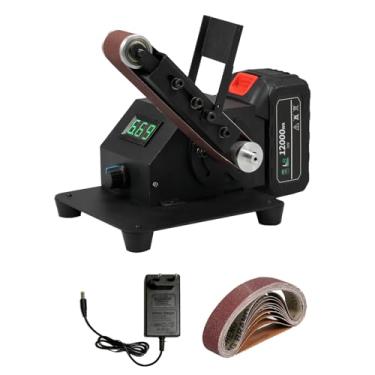 Imagem de SZITW Mini lixadeira de correia 350W Máquina de lixar elétrica de bancada Regulagem de velocidade contínua Máquina polidora de afiador de moedor pequeno com 10 correias de lixa para marcenaria DIY, re