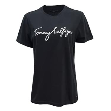 Imagem de Tommy Hilfiger Camiseta feminina de gola redonda New Line, Preto (logotipo escrito), P