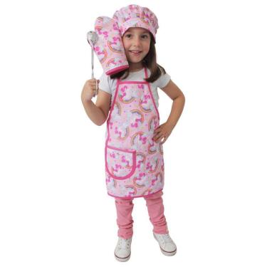 Imagem de Kit Avental Infantil com Touca e Luva 3 Pçs Rosa Menina