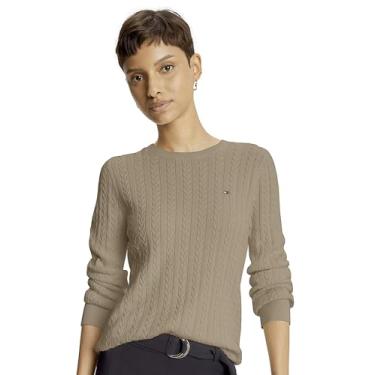 Imagem de Tommy Hilfiger Suéter feminino de gola redonda para uso diário, Caqui areia mesclada., M
