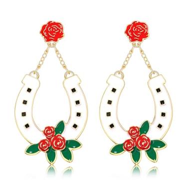 Imagem de Brincos Kentucky Derby para mulheres, traje de equitação Derby, brincos de ferradura, dia de corrida de cavalos, brincos com pingente de gota de flor rosa Kentucky Derby, acessórios para roupas e