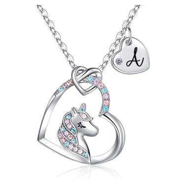 Imagem de Rucher Presentes de Dia dos Namorados para meninas – Colar de unicórnio para meninas com pingente de coração inicial e caixa de presente, joia infantil moderna em ouro 18K, colar de coração colorido
