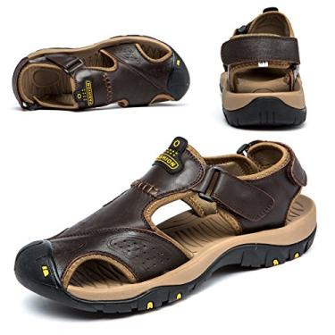 Imagem de Sandálias BINSHUN masculinas de couro para caminhadas, esportes atléticos, pescador, praia, bico fechado, sandálias aquáticas, Deep Brown, 8