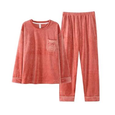 Imagem de LUBOSE Conjunto de camisola de flanela, camisola feminina, camisola térmica de inverno, terno longo feminino de manga comprida, conjunto de camisola confortável para uso doméstico (G, vermelho mei)