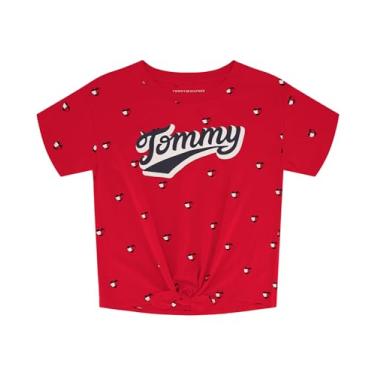 Imagem de Tommy Hilfiger Camiseta gráfica de manga curta para meninas com nó de gravata e interior sem etiqueta, Gravata Tommy com coração vermelho, 12-14