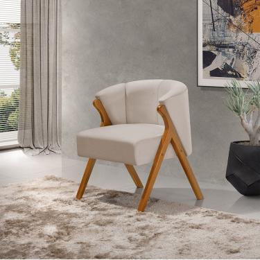 Imagem de Poltrona Luxo Moderna Luna Pés em Madeira Maciça Veludo Bege