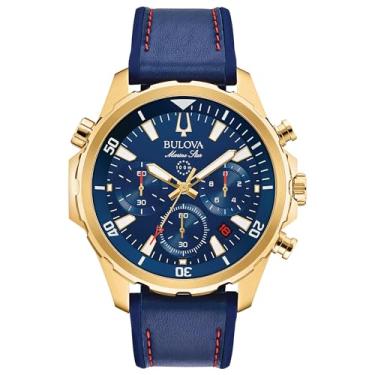 Imagem de Bulova Relógio masculino Marine Star Series B aço inoxidável com 6 ponteiros cronógrafo de quartzo, 100 m, Tom dourado/mostrador azul, One Size, Pulseira de aço inoxidável Marine Star Series B quartzo