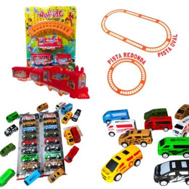 Imagem de 3 Carrinho Fricção Infantil Coleção Miniatura Carros + 3 Trenzinho a Pilha Com Pista de Montar Kit Presente Brinquedo Menino