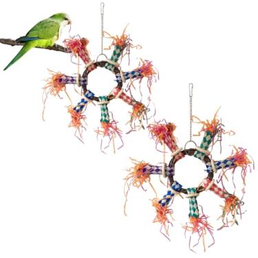 Imagem de Brinquedo colorido de forrageamento de pássaros, brinquedo de papagaio para gaiola, suporte de papagaio, anel de madeira de maçã, armadilhas de dedo de bambu, papel de lágrima, moedor de pássaros, cor