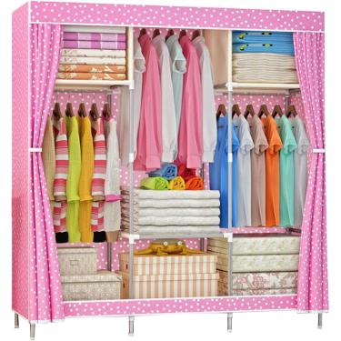Imagem de Guarda-roupa de lona Guarda-roupa de tecido Guarda-roupa dobrável Organizador de armazenamento de armário com trilho suspenso, prateleiras de guarda-roupa para quarto, rosa, 105x46x156cm