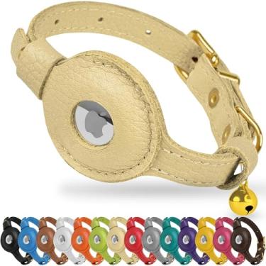 Imagem de OOPSDOGGY Coleira AirTag de couro para gatos com sino – coleira não separável com suporte para Apple Air Tag – Coleiras leves para animais de estimação com GPS para meninas, meninos, cães pequenos,