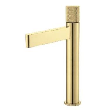 Imagem de Torneira de pia de banheiro cinza arma, bico de cachoeira, misturador de água quente e fria, torneira de pia com alça única, torneira de lavagem de latão montada no deck, ouro B, alto, um