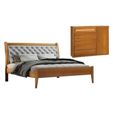 Imagem de Conjunto Quarto de Casal Cama Queen 160cm e Cômoda Rattan 5 Gavetas com Sapateira Unique Amêndoa Mel/Cinza Claro