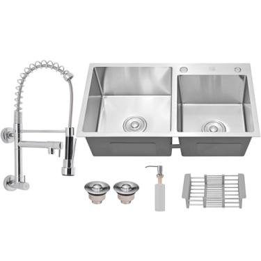 Imagem de HOLTTER, Kit Cuba Dupla Aço Inox 304 Torneira Gourmet de Bancada Flexível Monocomando Cuba Dupla com Acessórios Aço Inox Torneira Parede Gourmet Flexível (Parede, Prata)
