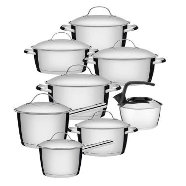 Imagem de Jogo de Panelas 7 Peças + Chaleira Allegra em Aço Inox Fundo Triplo Tramontina