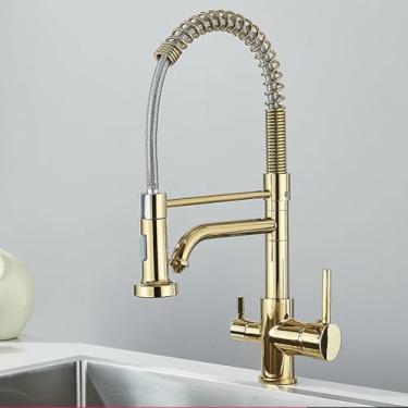 Imagem de Torneira de cozinha com filtro de água pura escovada, alça dupla, misturador de cozinha com puxador para água potável quente e fria, dourada
