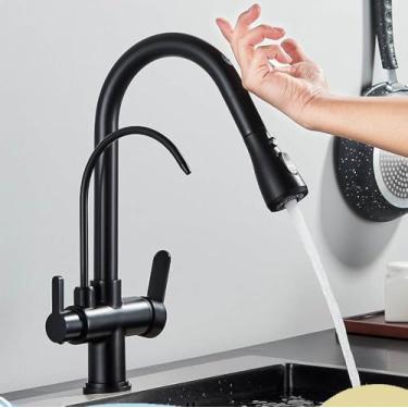 Imagem de Filtro de sensor de toque Torneira de cozinha de água 2 em 1 Preto Coloque para fora Torneiras de pia de dois modos para cozinha Torneira misturadora de água pura, Preto fosco