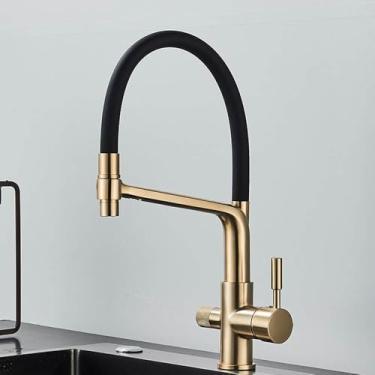 Imagem de Torneira de pia de cozinha dourada escovada, misturador de filtro de água pura, guindaste com alça dupla, puxador para baixo, purificação de água quente e fria, torneira de cozinha dourada escovada