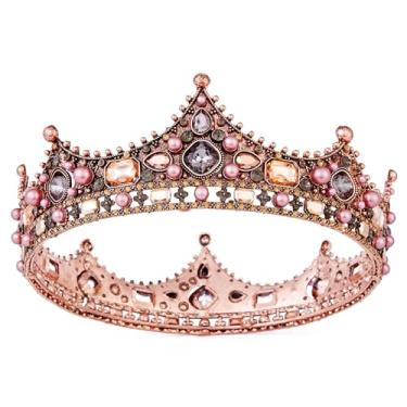 Imagem de Vinsco Baroque Crown Vintage Round Full Size Tiara Luxury Retro Headband Crystal Rhinestone Beads Hair Jewellery Decor for Queen Women Ladies Girls Bridal Bride Princess Birthday Wedding Pageant Party